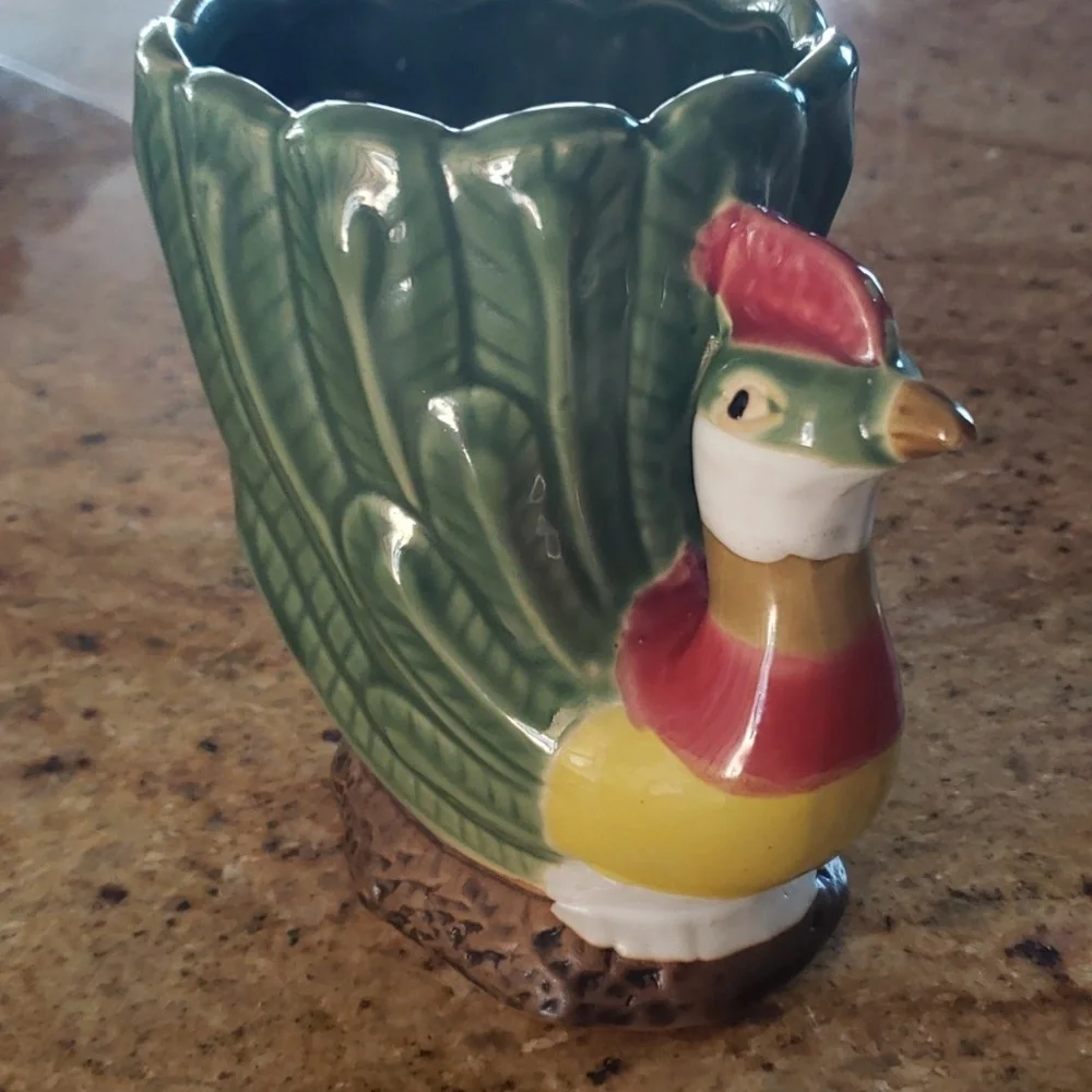 Vintage Green Pheasant Planter, Colorful Game Bird Planter.